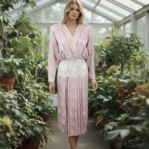 Jessica McClintock Vintage 80s Blush Pink Silk Jacquard Tea Length Dress Lace